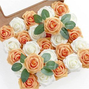 25 Count | Orange & White Artificial Flowers Wedding Bouquet Centerpiece Roses